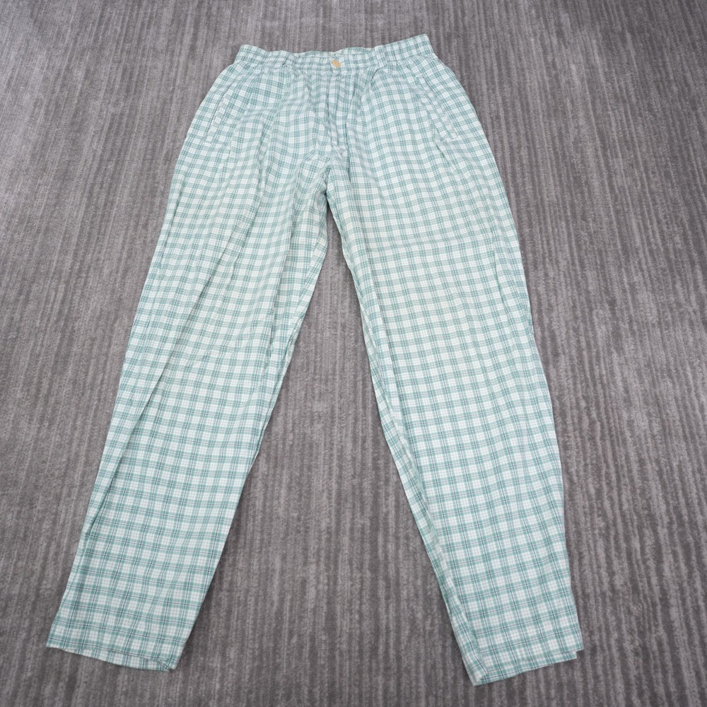 Eddie Bauer Plaid Pants Womens Medium Green White Excellent High Rise Cotton